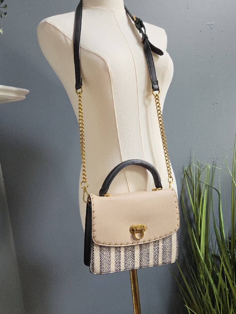 Beige and Black Top-Handle Satchel with Removable Gold Chain Strap - Picture 6 of 9